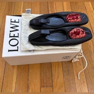 Loewe Black Ballet Flats with Red Floral Accent